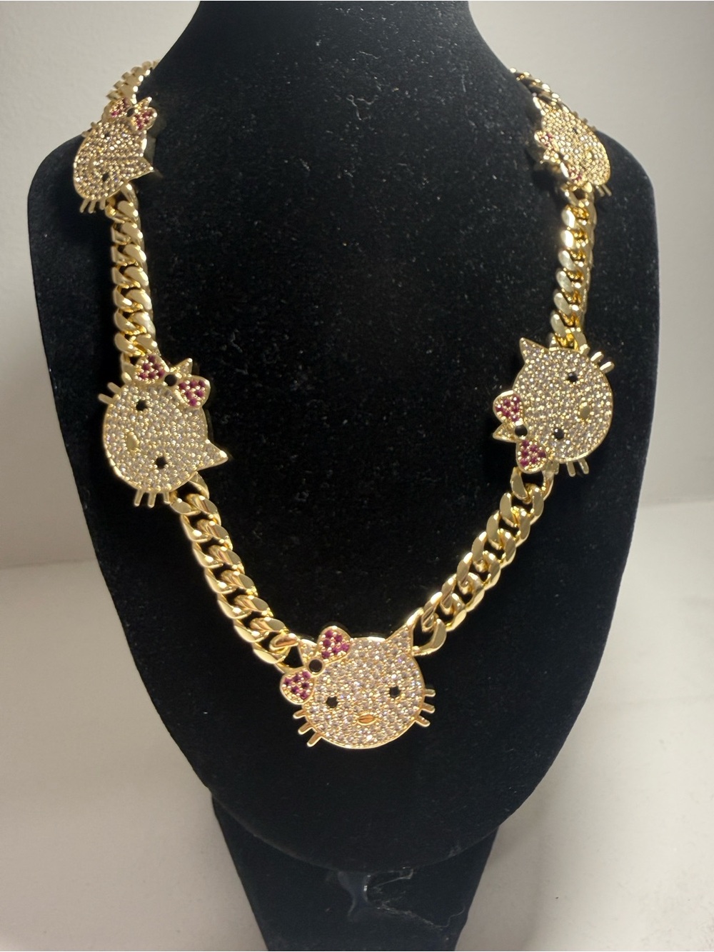 Gold Tone Crystal Kitty Accent Chain Necklace